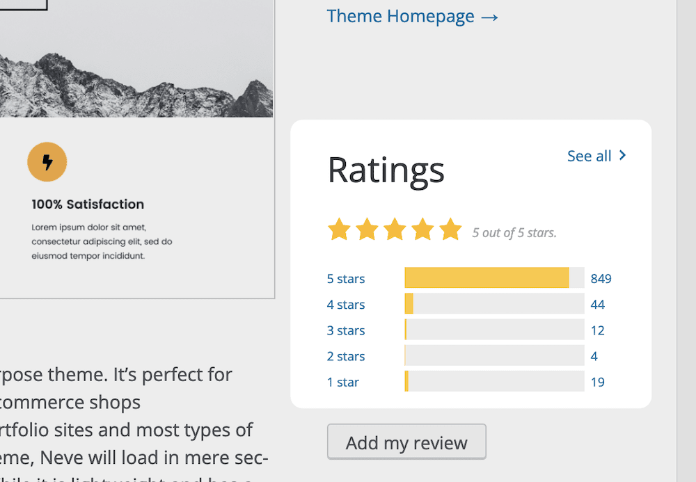 A theme ratings panel for an individual theme.