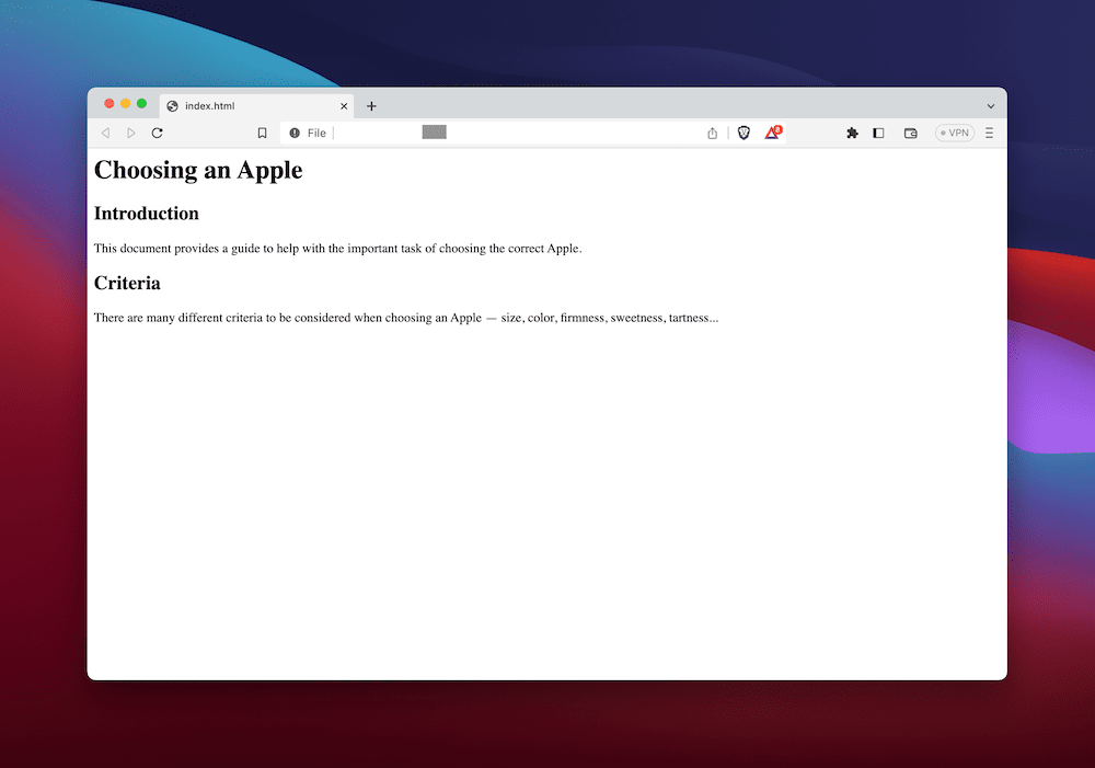 The front end of a HTML page showing different text and more structure.