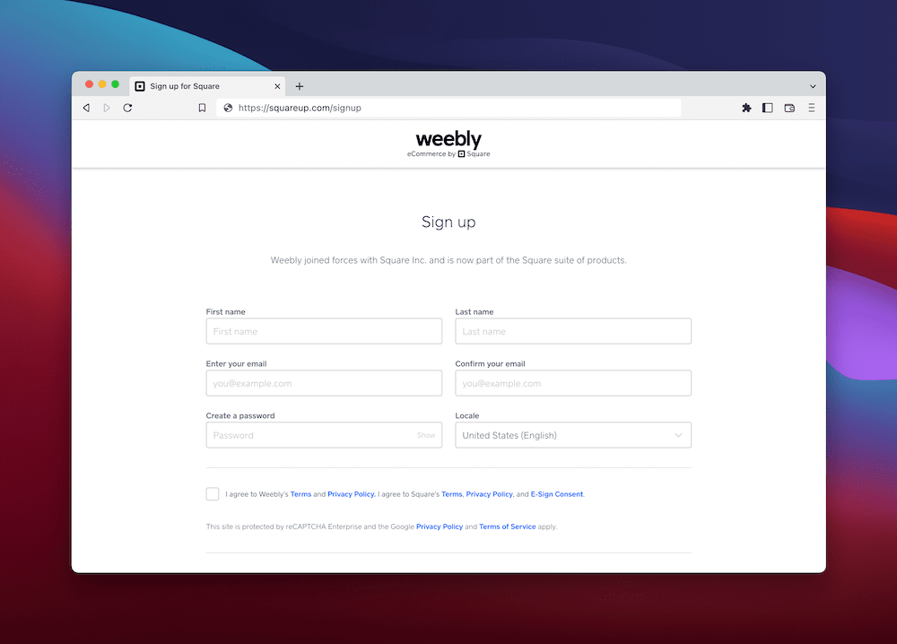 Signing up for a Weebly account.