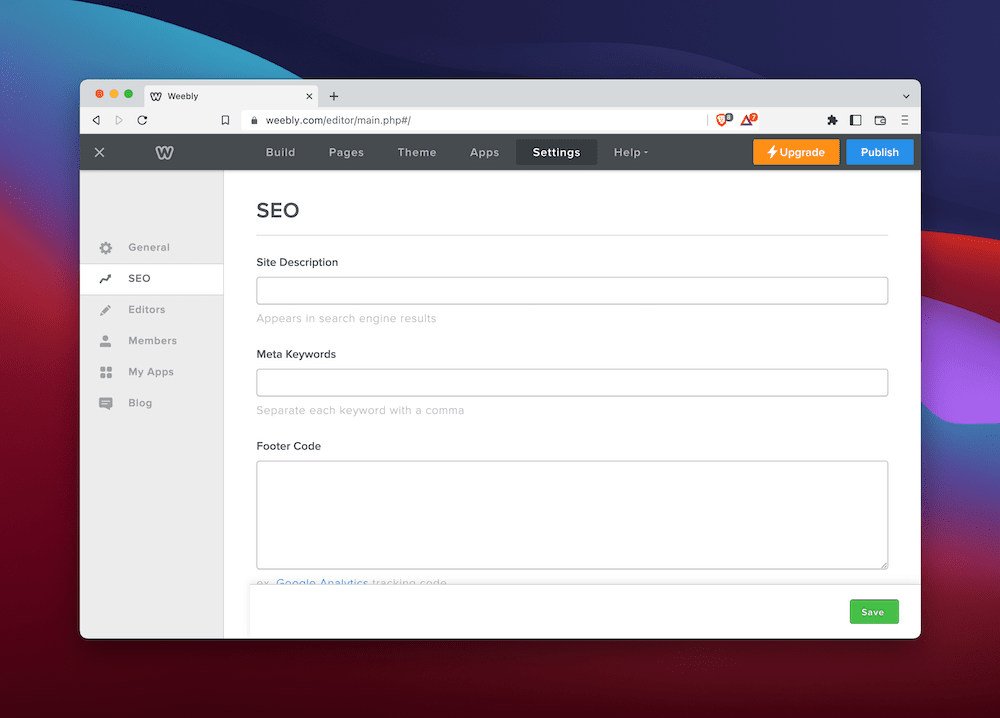 Weebly's SEO settings screen.