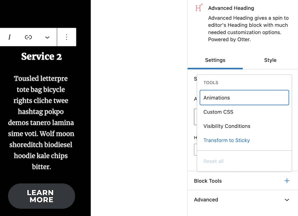 The Block Tools options within the right-hand sidebar.