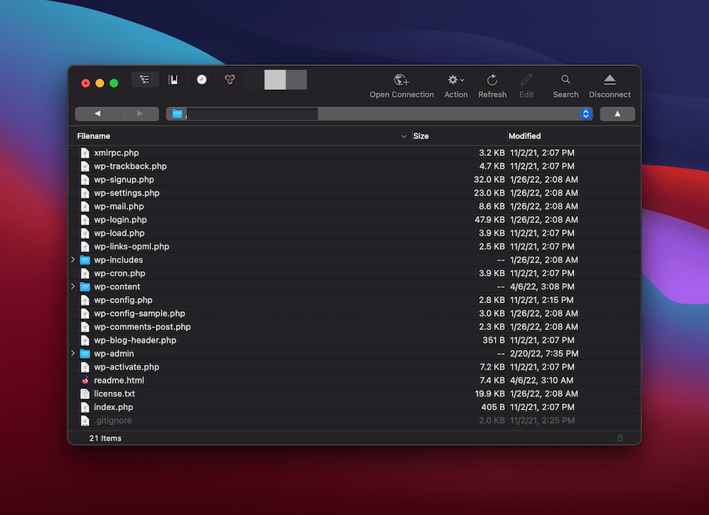 The Cyberduck SFTP client showing WordPress files on the server.