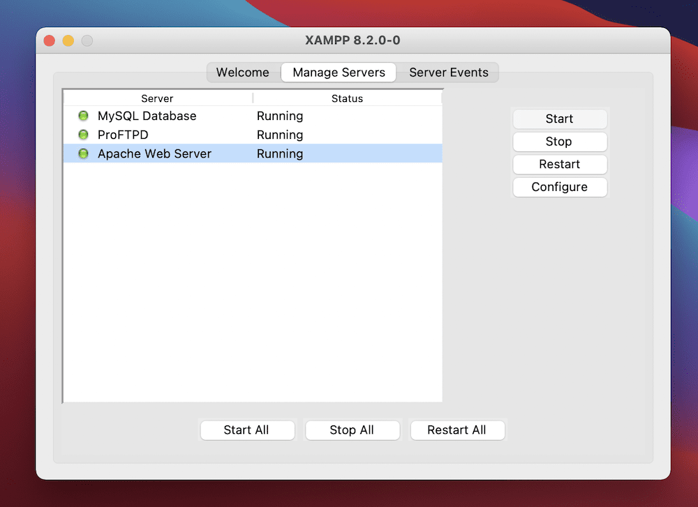 Managing servers on the XAMPP control panel.