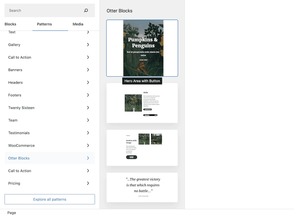 Services Page Design in WordPress: Selecting the Otter Blocks > Patterns menu from the Block Inserter sidebar.