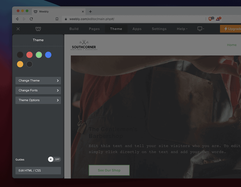 The Theme panel within Weebly that shows color schemes, font options, and general settings.