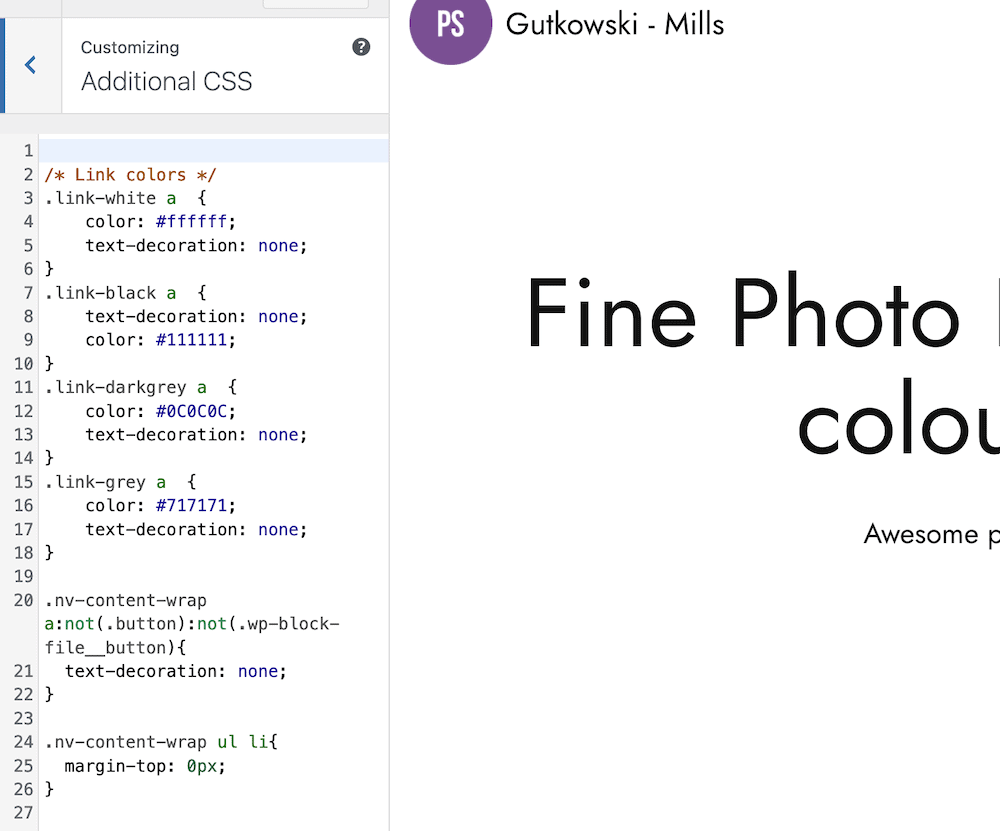 The WordPress Customizer, showing CSS for the Neve theme.