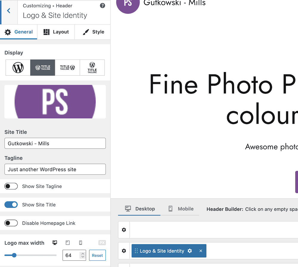 The Site Identity page for Neve within the WordPress Customizer.