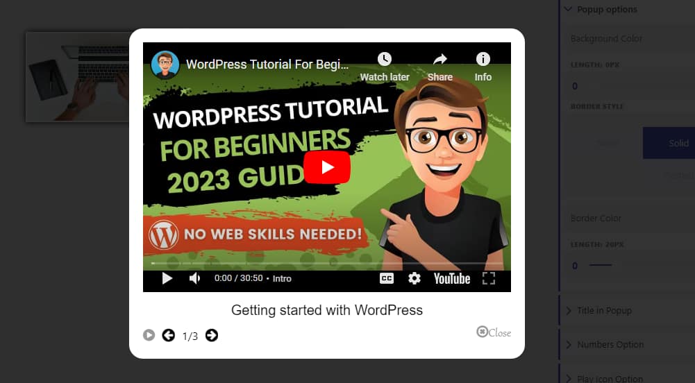 A popup video in a WordPress video gallery.