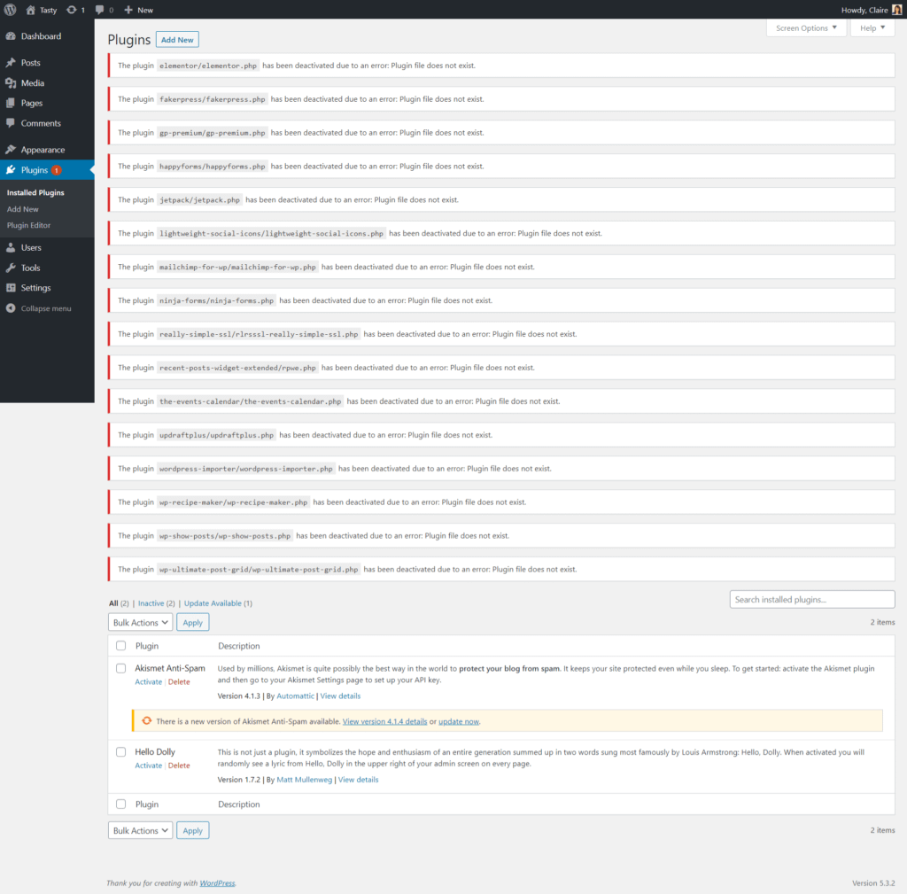 Missing WordPress plugins