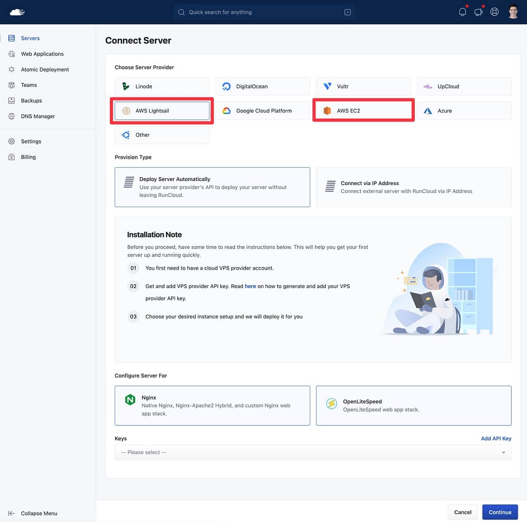 Provision new AWS server in RunCloud