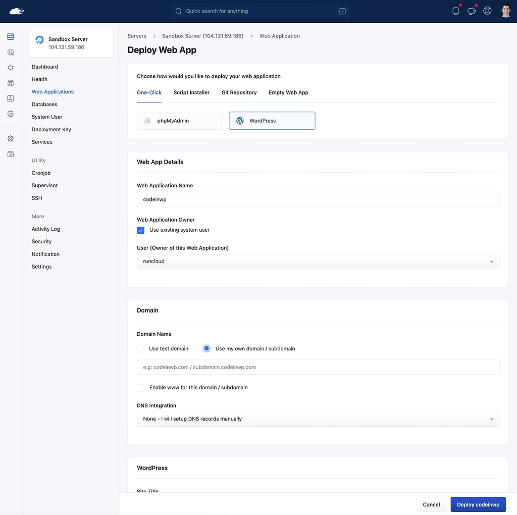 Create new WordPress install