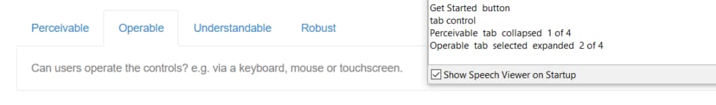 Once the Operable tab is selected, there seems to be no way to read out the text underneath