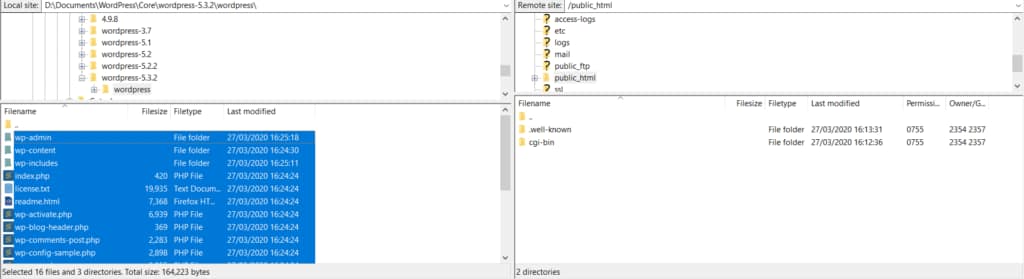 uploading WordPress via Filezilla FTP client