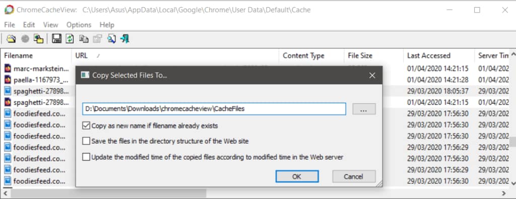 ChromeCacheView copying files from the cache to a folder of your choice