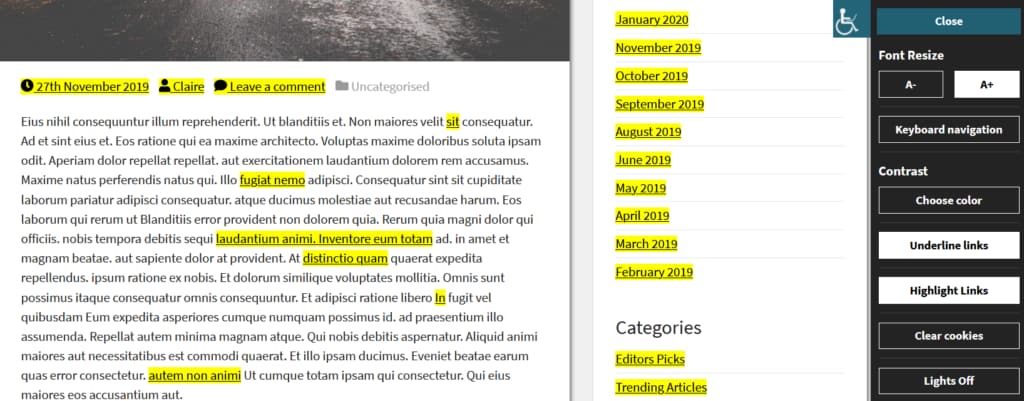 Link highlighting and underlining from the Web Accessibility Helper plugin