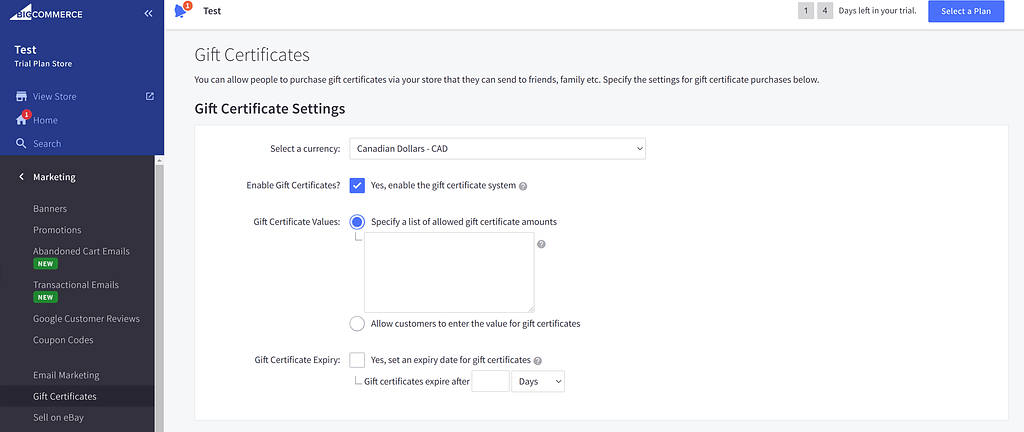 Shopify vs BigCommerce: BigCommerce gift certificate configuration