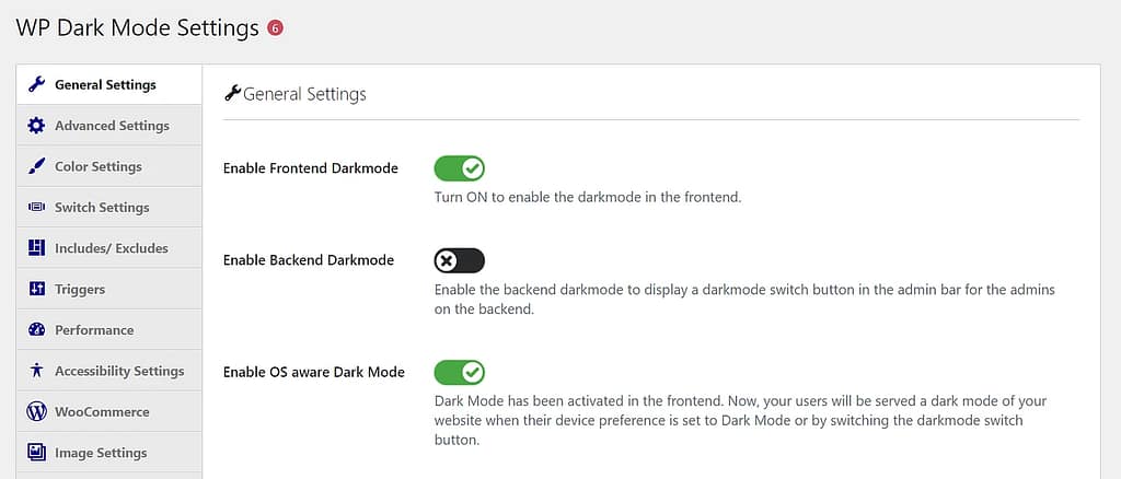 WordPress Dark Mode settings.