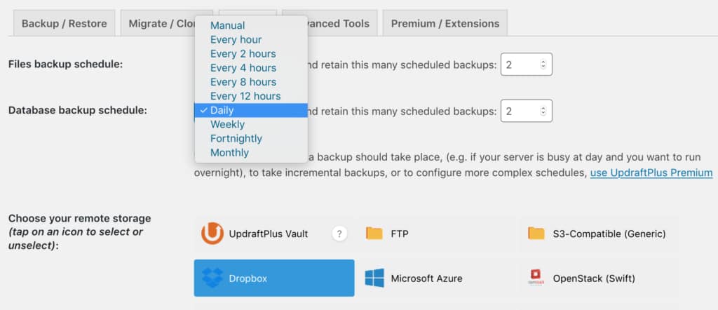 "Daily" selected to configure Updraft Plus Database backup