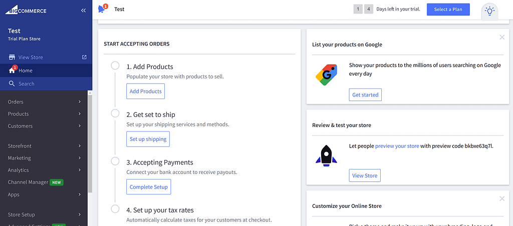 Shopify vs BigCommerce: BigCommerce dashboard for new users