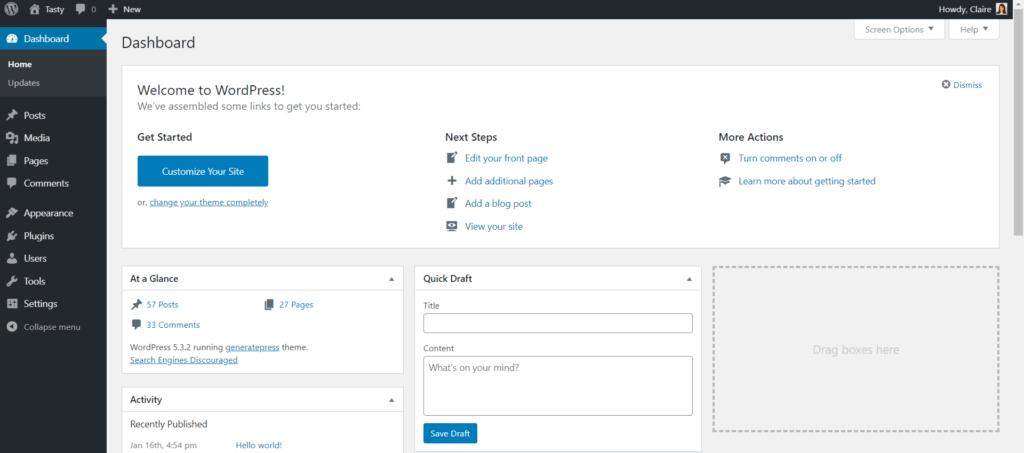 WordPress admin after reinstall