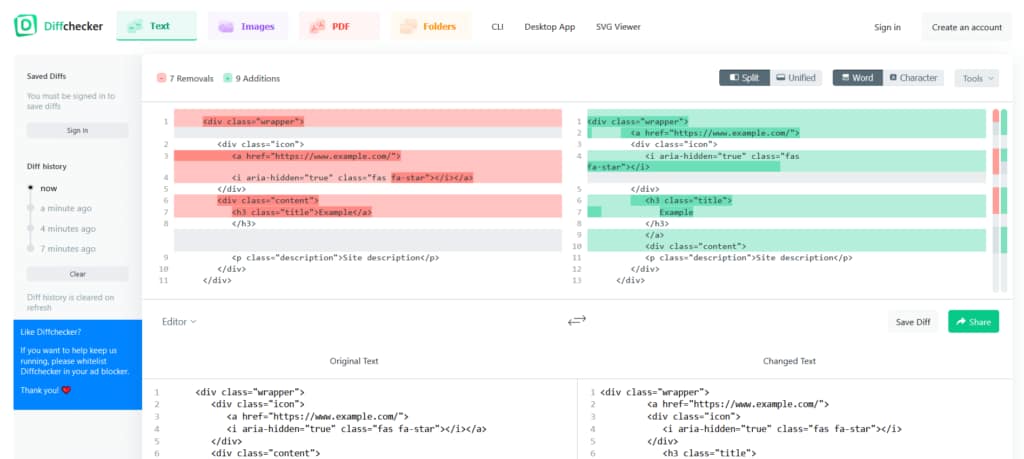 Diffchecker showing the difference between two HTML code samples