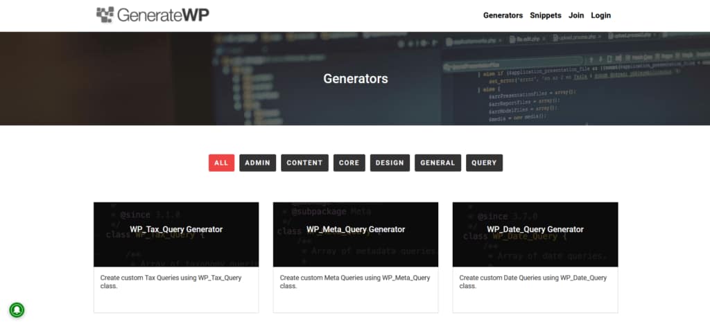 GenerateWP generators by type