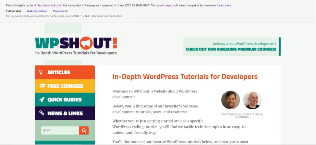 WP Shout site in Google’s cache