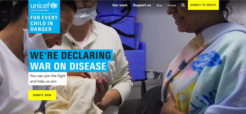 Unicef UK site showing the logo and top menu