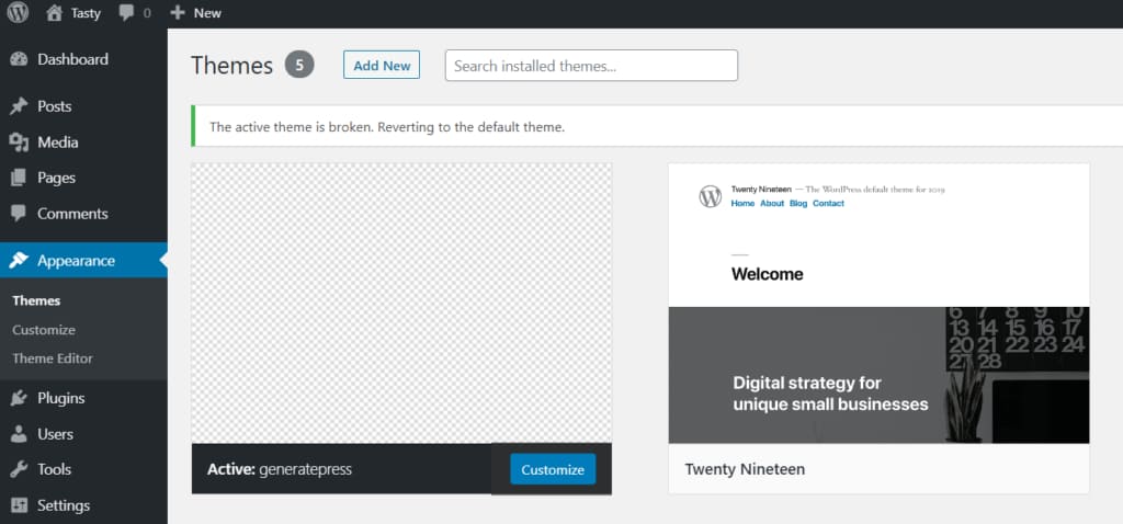 the active theme is broken, reverting to the default theme