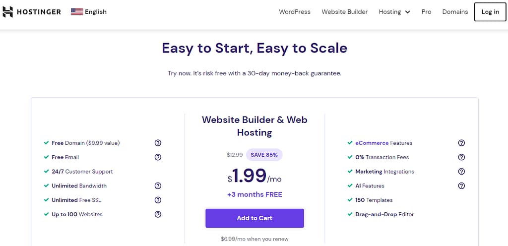 Homepage for Hostinger Website Builder as one of the best Squarespace alternatives.