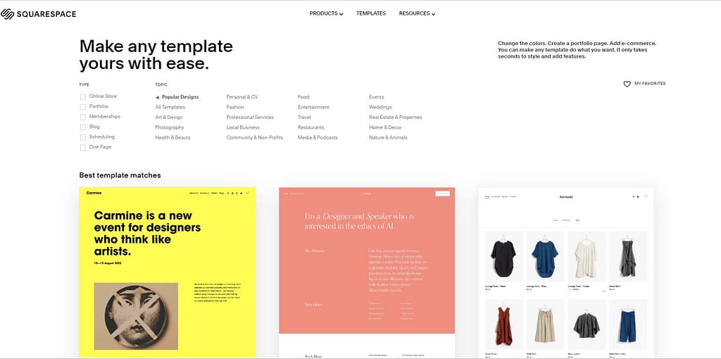 Squarespace vs Weebly: Squarespace choosing template page