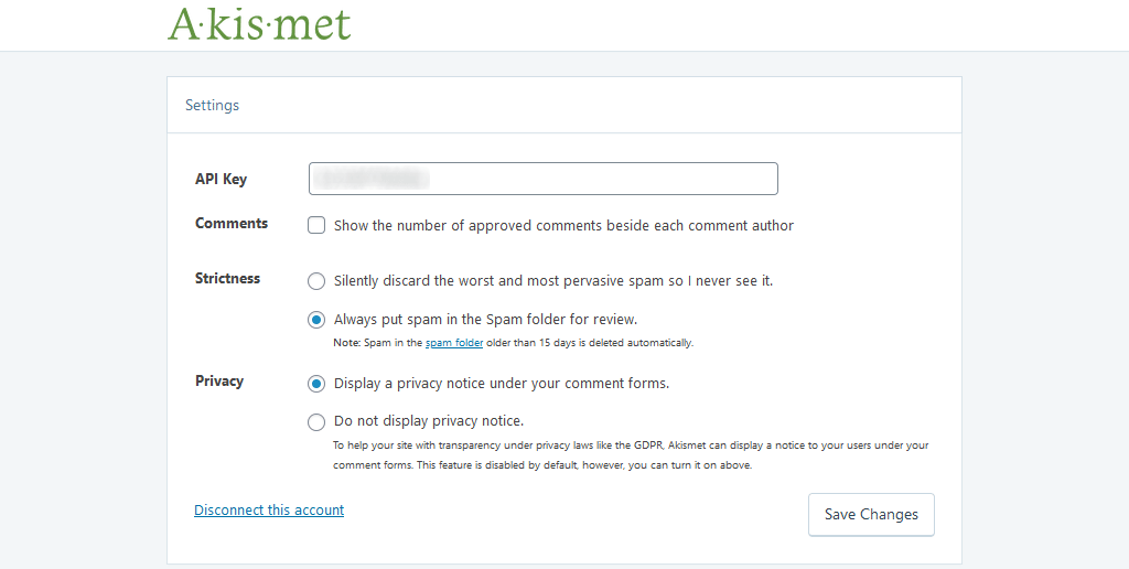 Akismet plugin settings