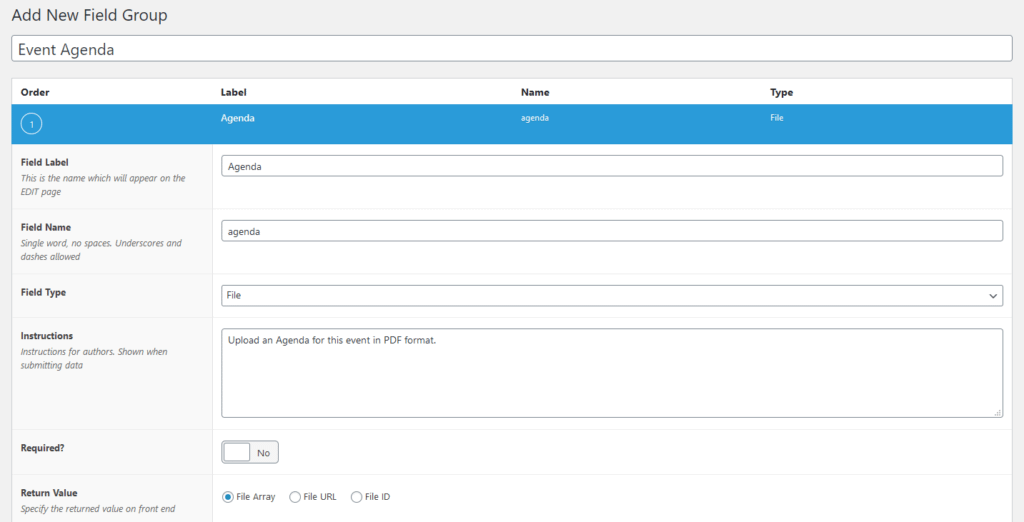Custom field settings screen.