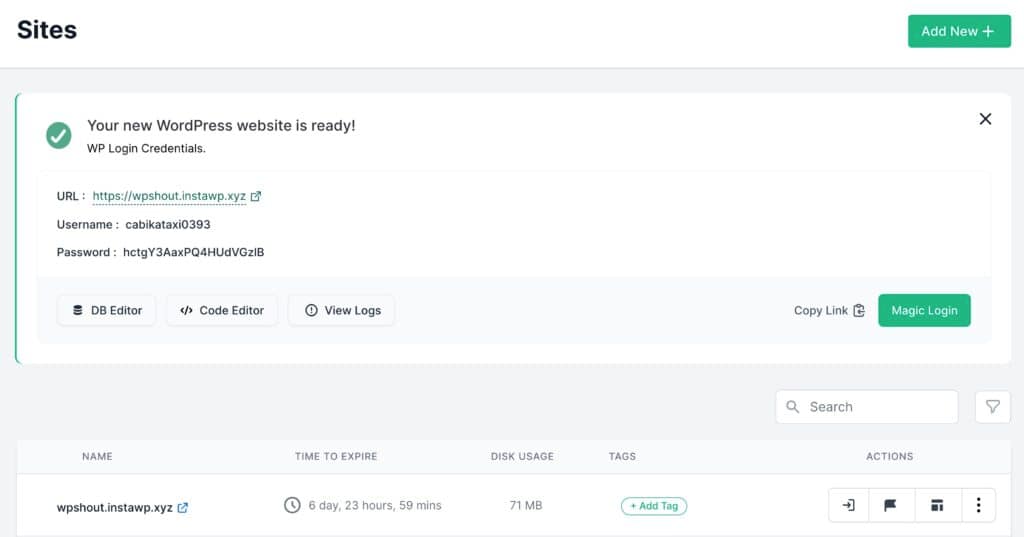 WordPress site login details