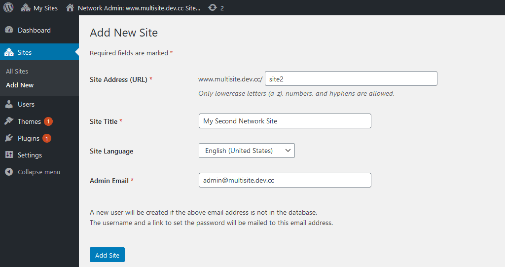 Site Settings Screen