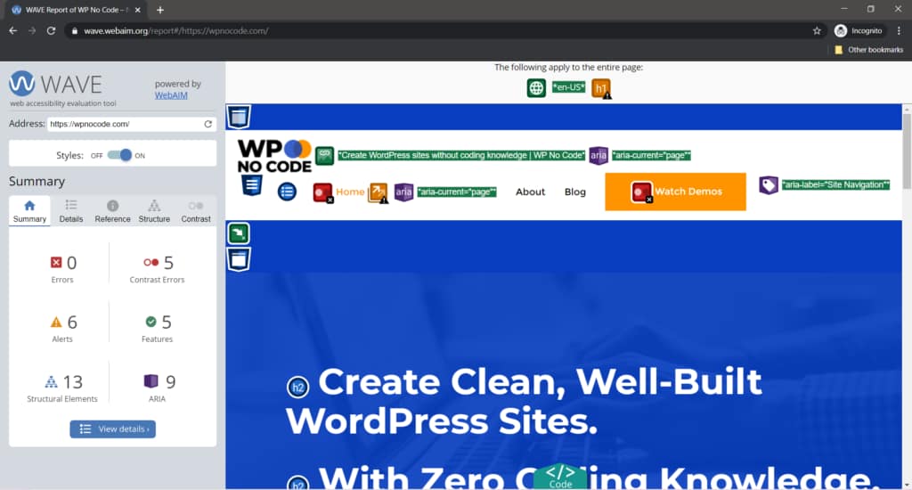 WP No Code WAVE evaluation