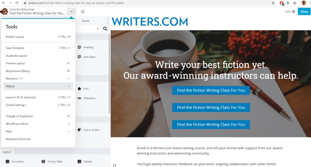 beaver builder browse history undo changes