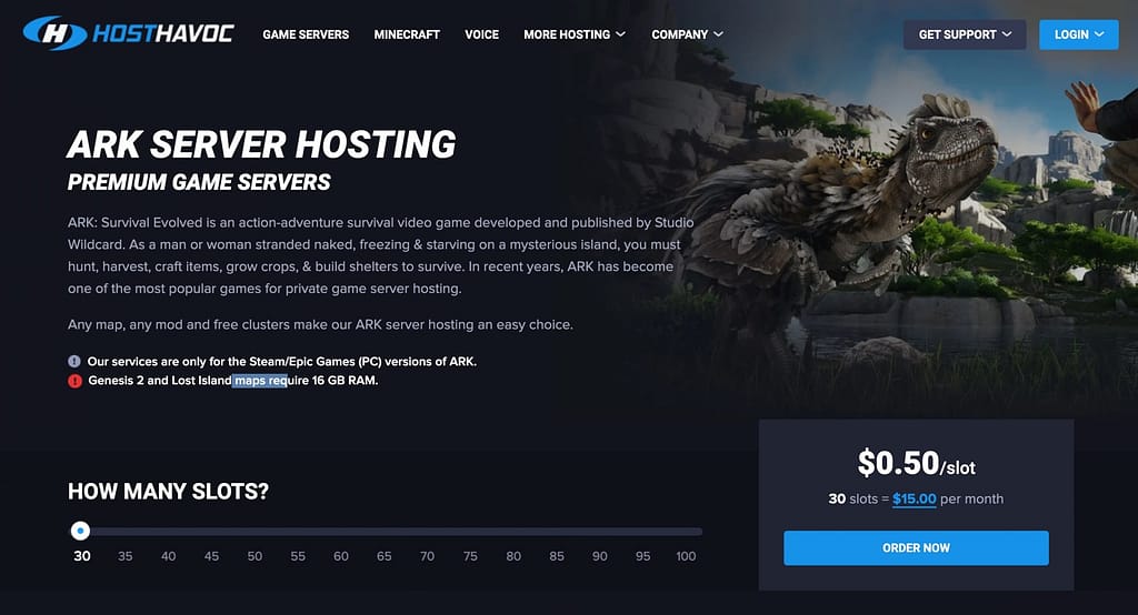 HostHavoc homepage - best ARK server hosting
