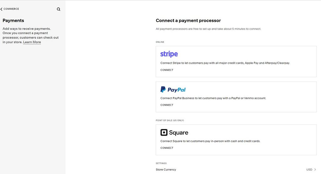 Squarespace - selecting payment processor