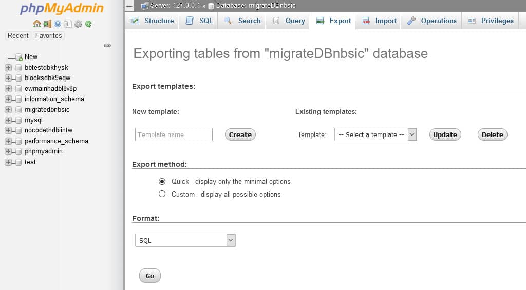 phpMyAdmin Export Screen