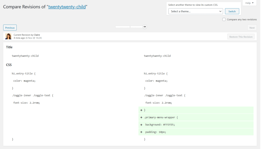 Jetpack Compare Revisions of twenty-twenty-child