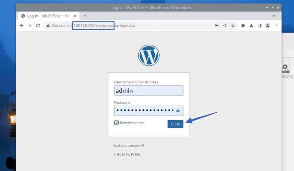 Login in after I install WordPress on Raspberry Pi.