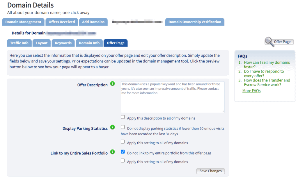 A page on Sedo to enter a description for a domain name.
