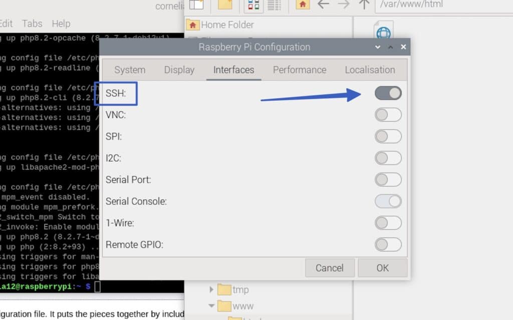 SSH active to install WordPress on Raspberry Pi.
