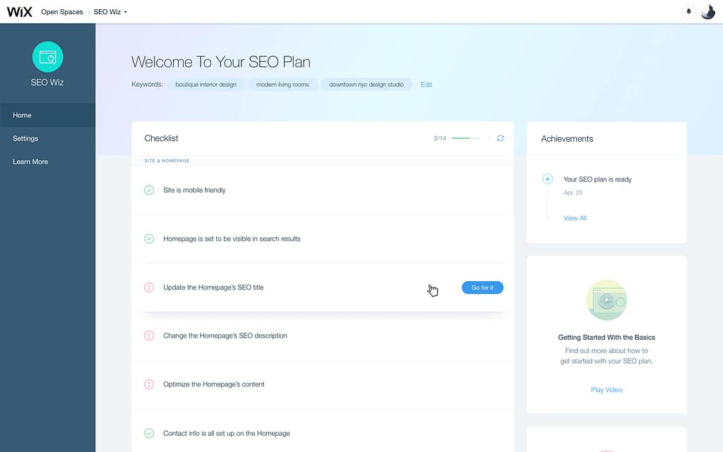Wix SEO Wiz site recommendations page
