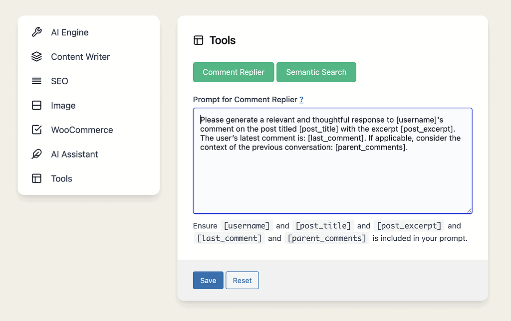 The Comment Replier feature within AI Power.