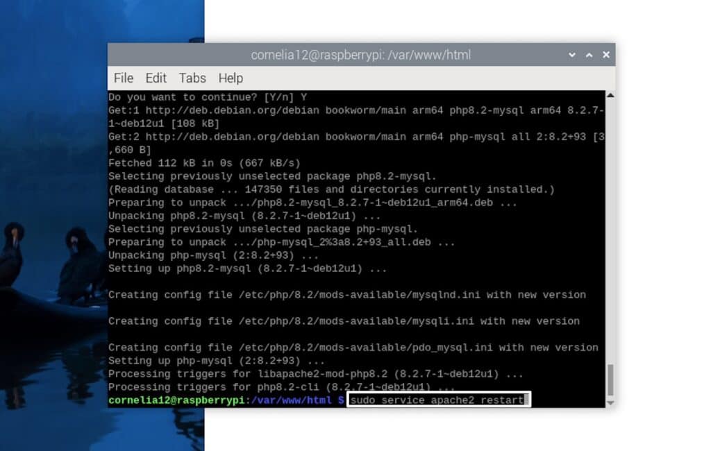 Apache restart to install WordPress on Raspberry Pi.
