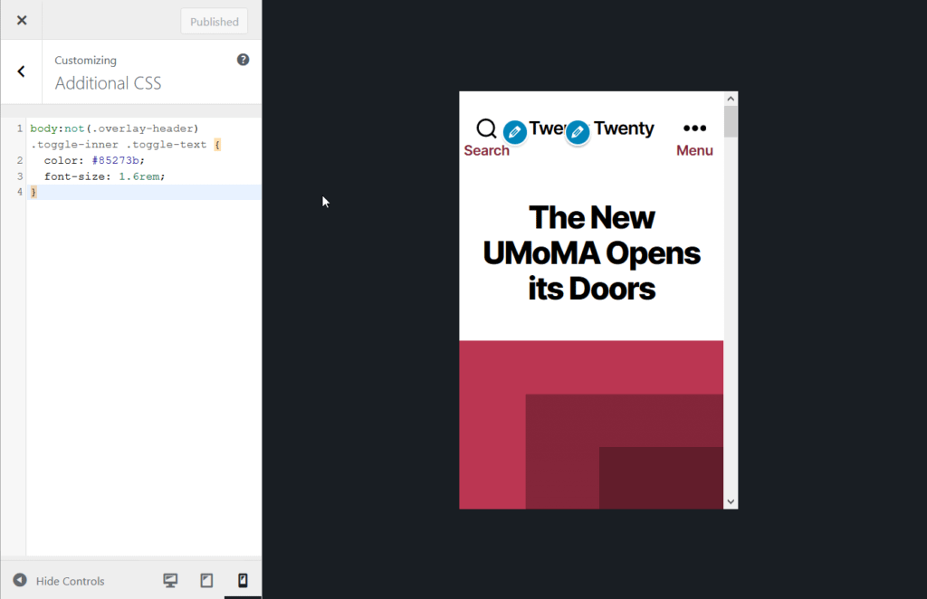 Adding Additional CSS to the Twenty Twenty theme in mobile view