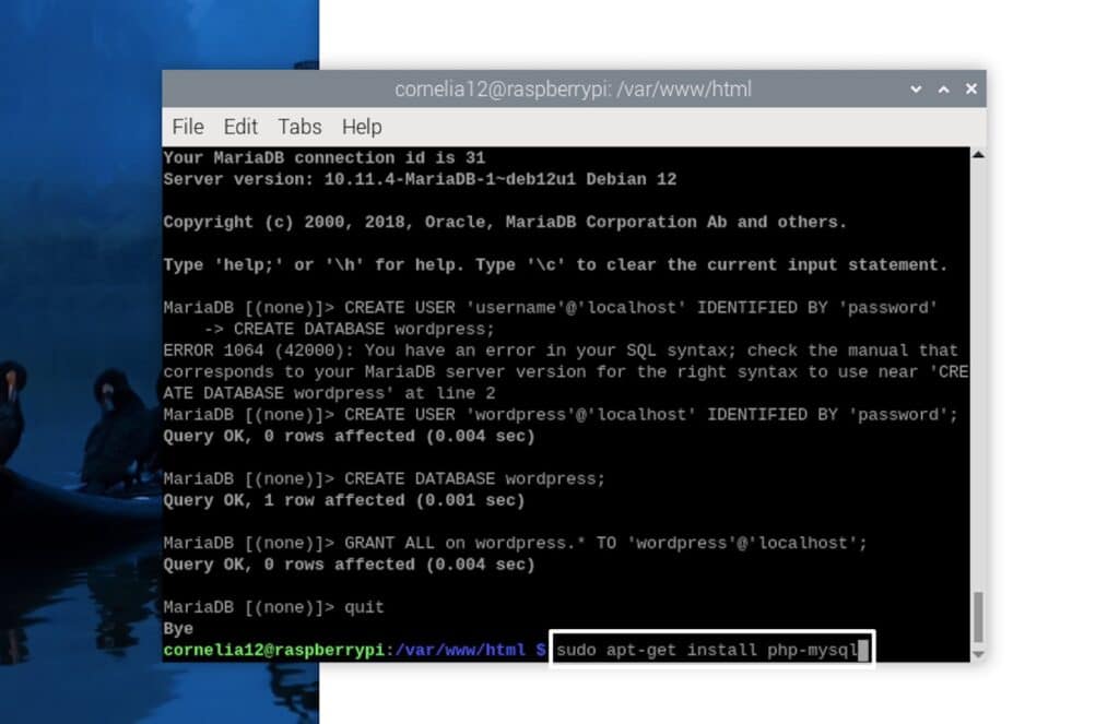 Install php to install WordPress on Raspberry Pi.