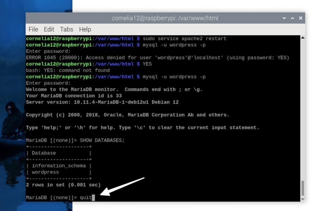 View databases to install WordPress on Raspberry Pi.